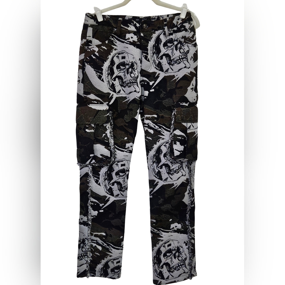 Rebel Vengeance Black Green Multi Camo Skull Print Tapestry Cargo Pants,Size 28